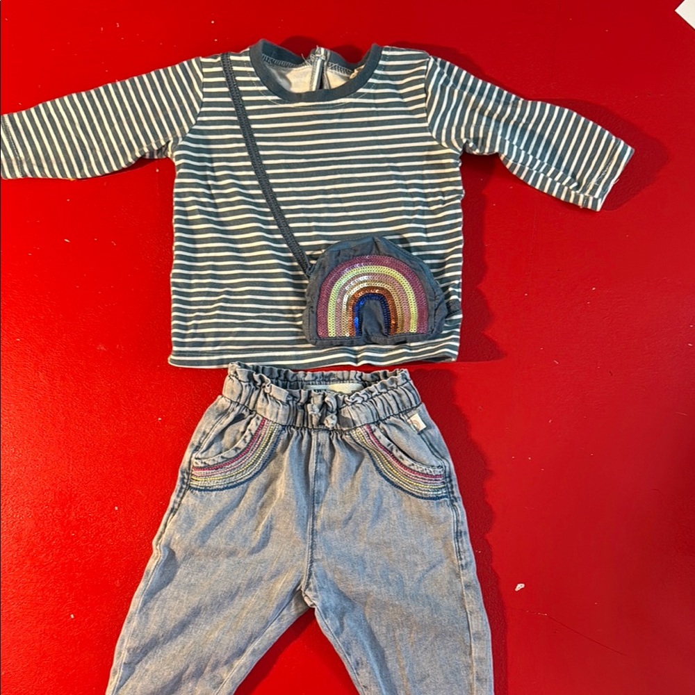Kiwi Striped Top and Denim Pants Set - Blue and Gray